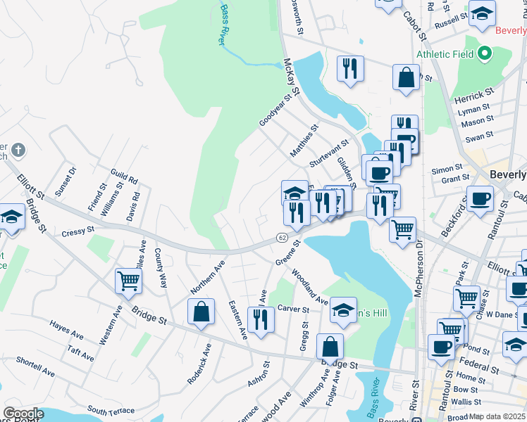 map of restaurants, bars, coffee shops, grocery stores, and more near 64 Sturtevant Street in Beverly