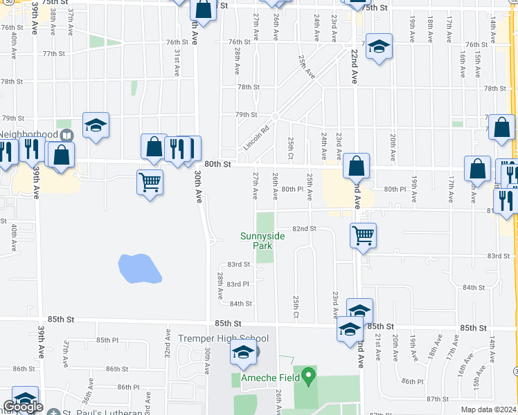 map of restaurants, bars, coffee shops, grocery stores, and more near 2624 81st Street in Kenosha