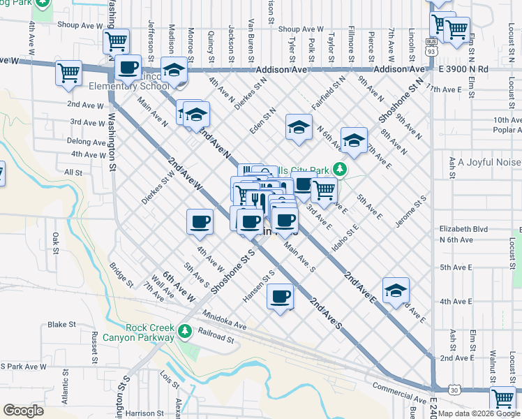 map of restaurants, bars, coffee shops, grocery stores, and more near 148 Main Avenue West in Twin Falls