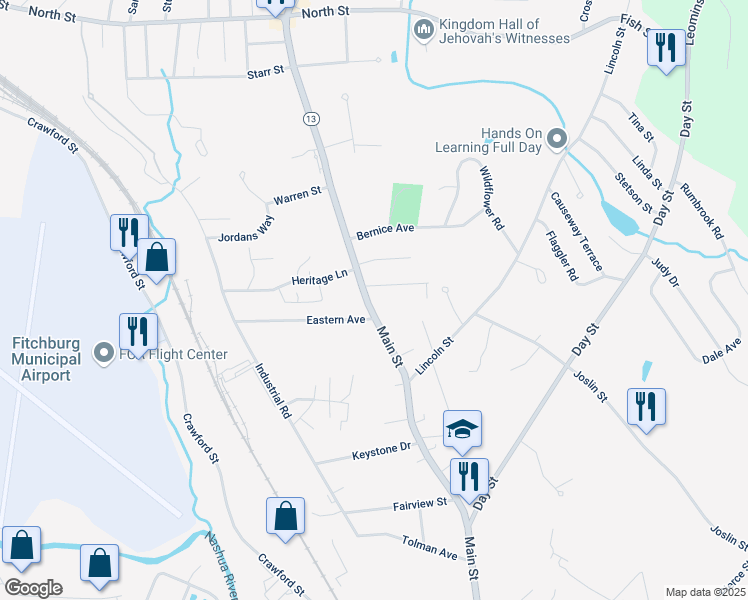 map of restaurants, bars, coffee shops, grocery stores, and more near 999 Main Street in Leominster