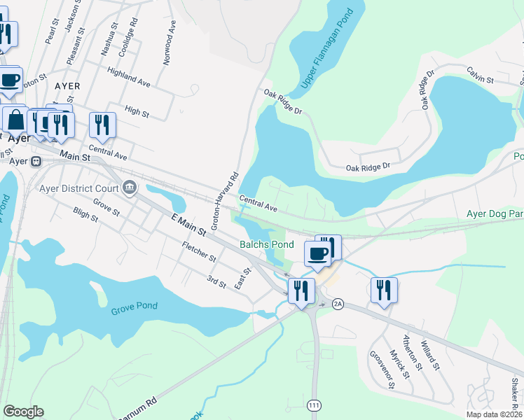 map of restaurants, bars, coffee shops, grocery stores, and more near 109 Central Avenue in Ayer