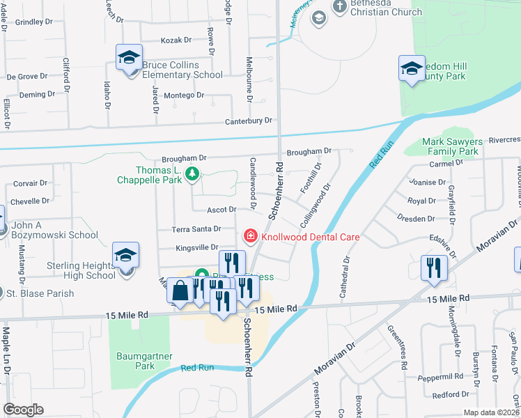 map of restaurants, bars, coffee shops, grocery stores, and more near 13754 Ascot Court in Sterling Heights