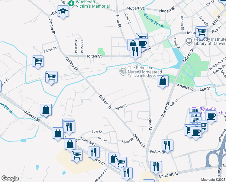 map of restaurants, bars, coffee shops, grocery stores, and more near 11 Mello Parkway in Danvers