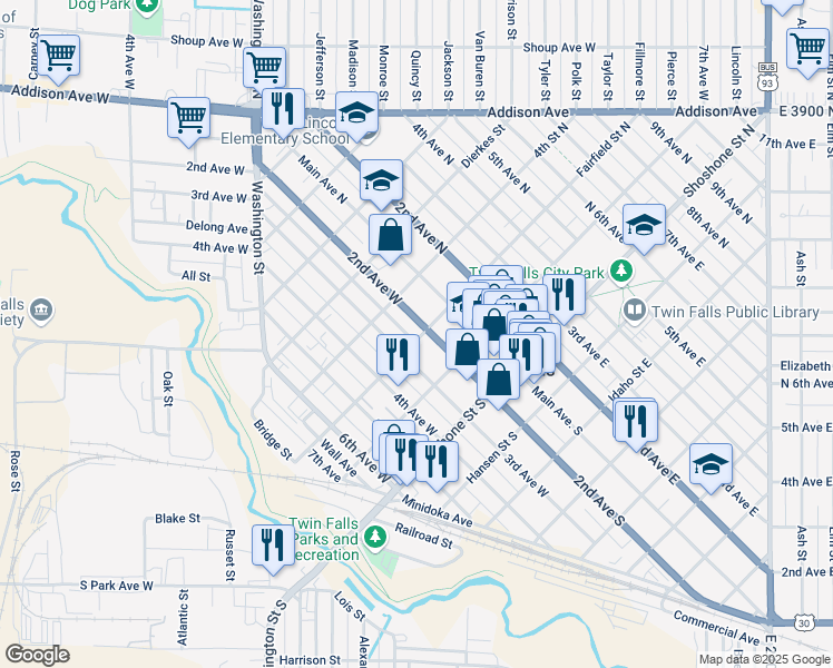 map of restaurants, bars, coffee shops, grocery stores, and more near 303 2nd Avenue West in Twin Falls