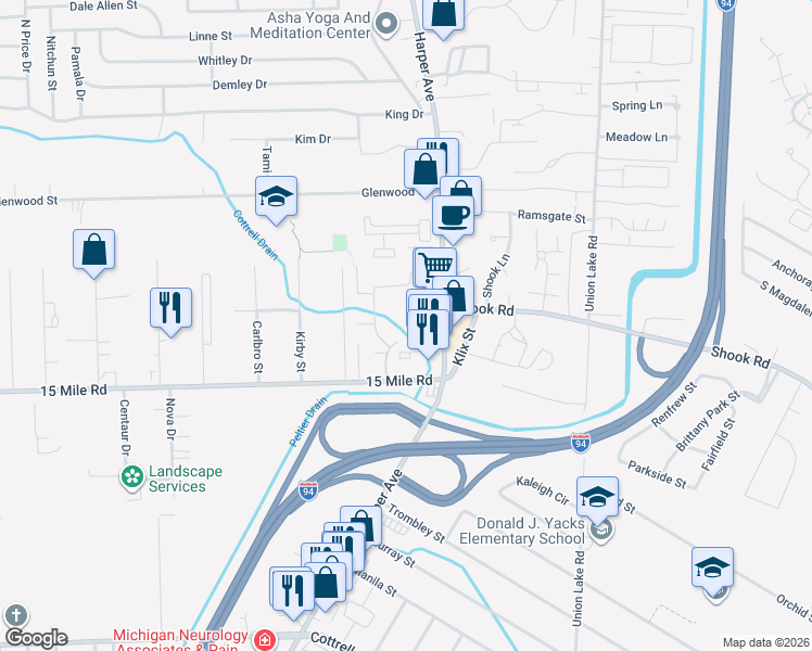 map of restaurants, bars, coffee shops, grocery stores, and more near 23770 Lansdowne Street in Clinton Township