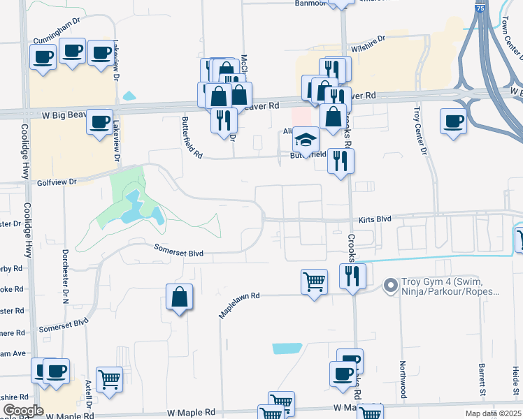 map of restaurants, bars, coffee shops, grocery stores, and more near 1960 Golfview Drive in Troy