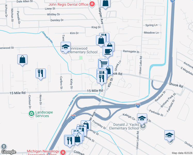 map of restaurants, bars, coffee shops, grocery stores, and more near 23770 Lansdowne Street in Clinton Township