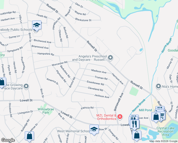 map of restaurants, bars, coffee shops, grocery stores, and more near 4 Truman Road in Peabody