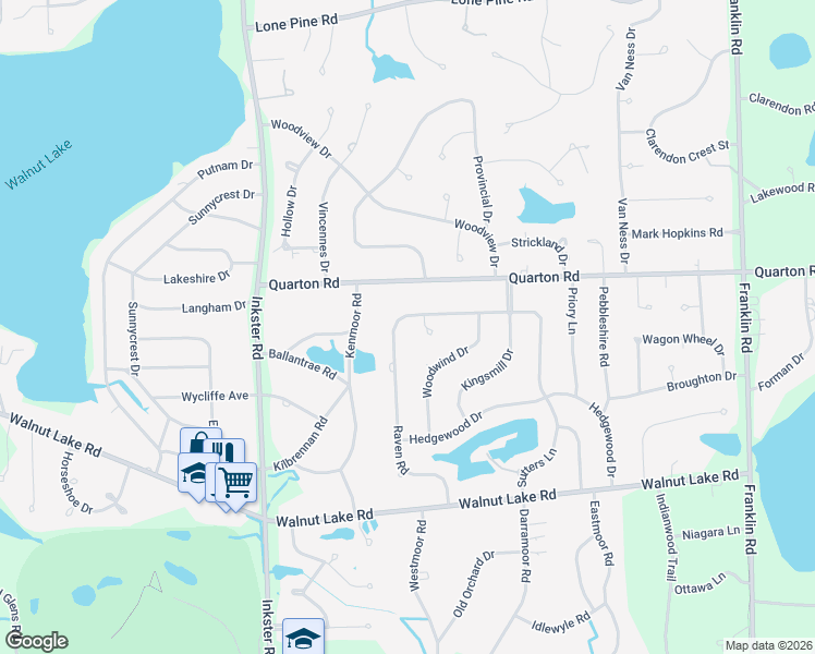 map of restaurants, bars, coffee shops, grocery stores, and more near 5639 Raven Court in Bloomfield Hills