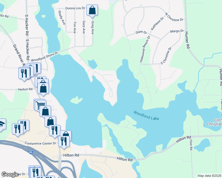 map of restaurants, bars, coffee shops, grocery stores, and more near 8452 Woodland Shore Drive in Brighton