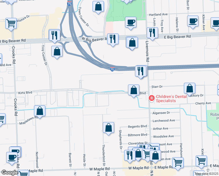 map of restaurants, bars, coffee shops, grocery stores, and more near 500 Kirts Boulevard in Troy