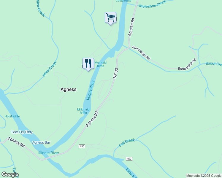 map of restaurants, bars, coffee shops, grocery stores, and more near 4215 Agness Rd in Curry