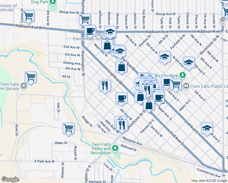 map of restaurants, bars, coffee shops, grocery stores, and more near 343 3rd Avenue West in Twin Falls