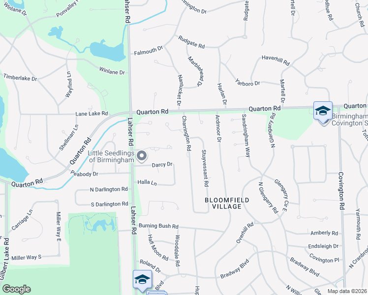 map of restaurants, bars, coffee shops, grocery stores, and more near 1286 Charrington Road in Bloomfield Hills