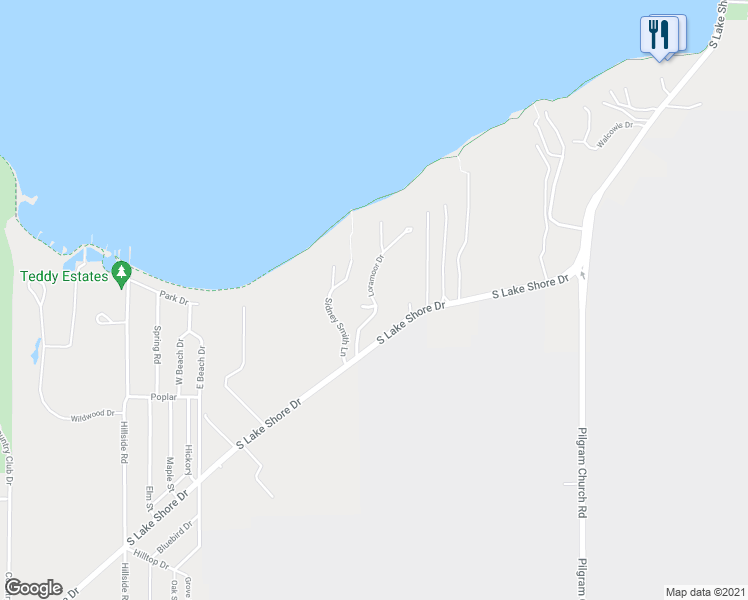 map of restaurants, bars, coffee shops, grocery stores, and more near Loramoor Drive in Lake Geneva
