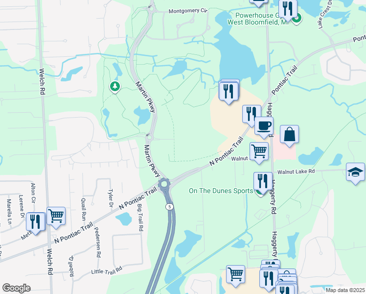 map of restaurants, bars, coffee shops, grocery stores, and more near 2990 North Pontiac Trail in Commerce Charter Township