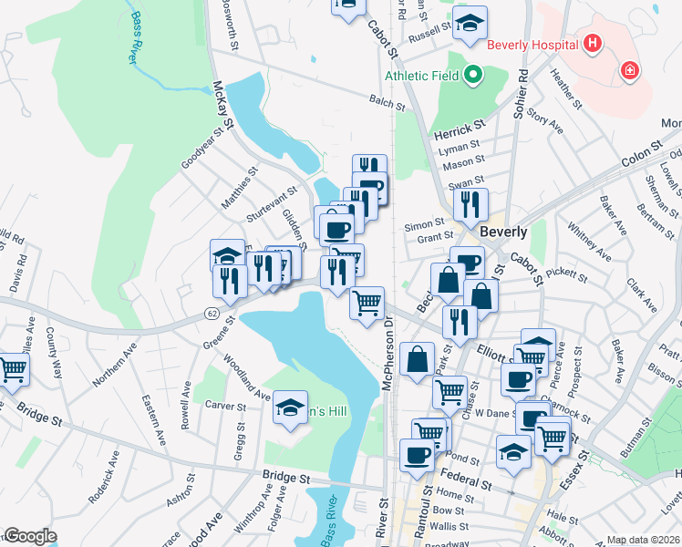 map of restaurants, bars, coffee shops, grocery stores, and more near 100 Cummings Center in Beverly