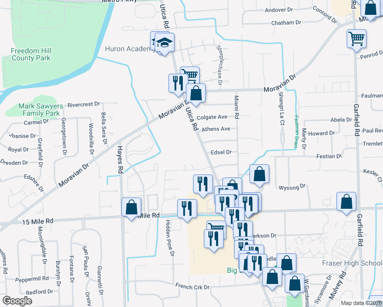 map of restaurants, bars, coffee shops, grocery stores, and more near 35515 Utica Road in Macomb County