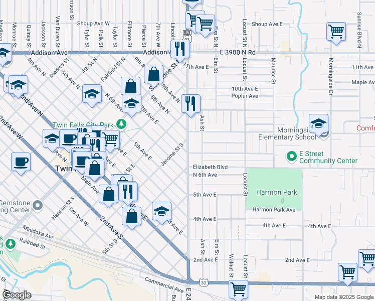map of restaurants, bars, coffee shops, grocery stores, and more near 705 Blue Lakes Boulevard in Twin Falls