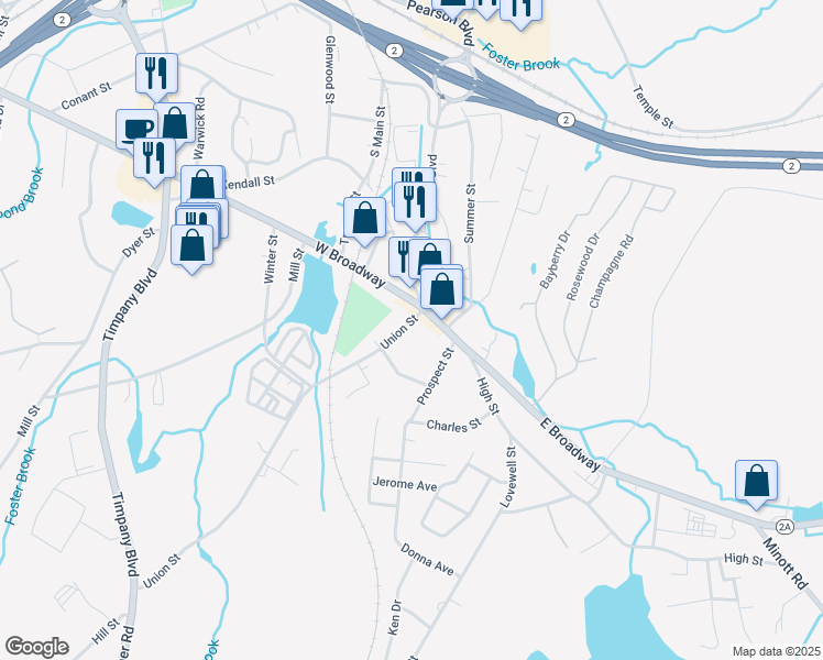 map of restaurants, bars, coffee shops, grocery stores, and more near 27 Union Street in Gardner