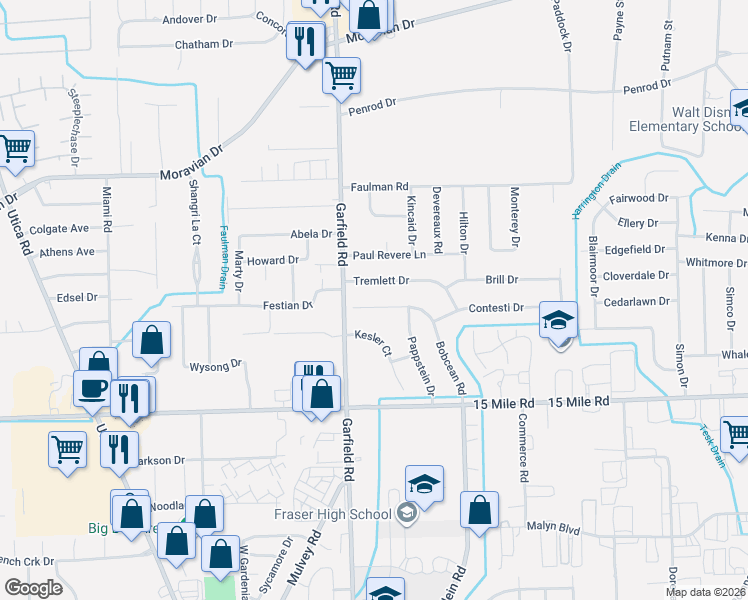 map of restaurants, bars, coffee shops, grocery stores, and more near 35325 Bobcean Road in Clinton Township