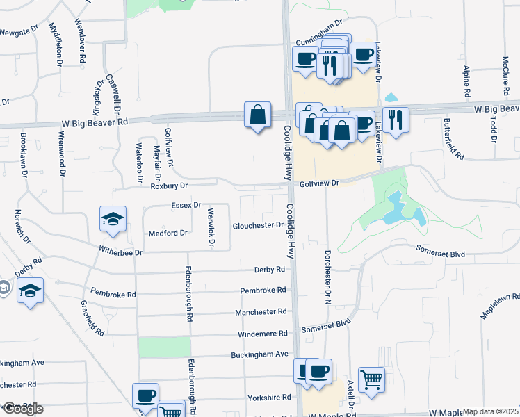 map of restaurants, bars, coffee shops, grocery stores, and more near 3100 Glouchester Drive in Troy
