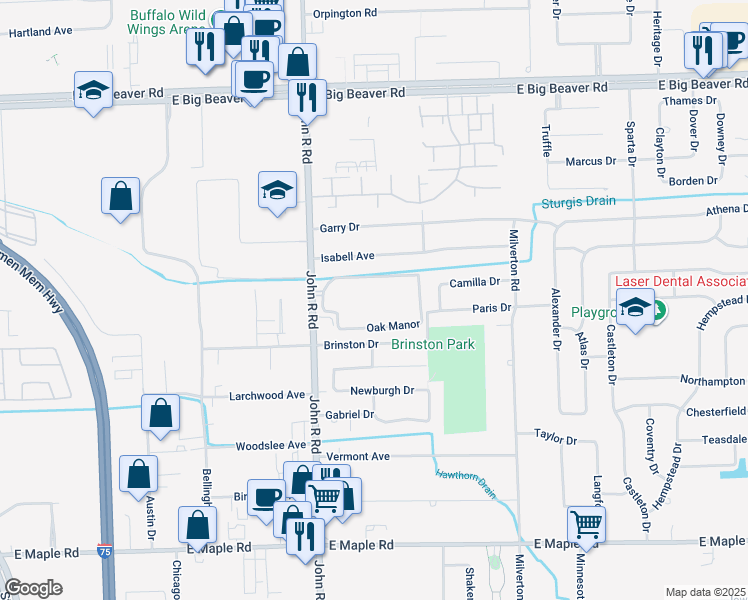 map of restaurants, bars, coffee shops, grocery stores, and more near 2330 John R Road in Troy