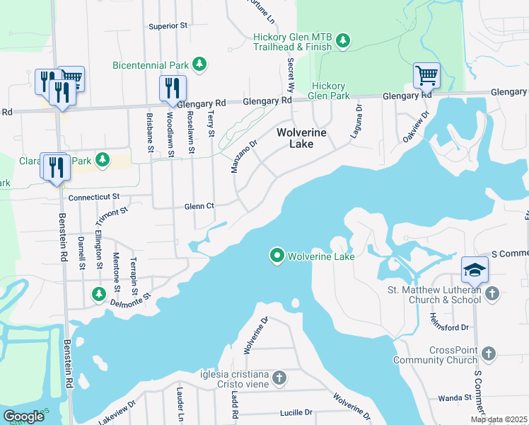 map of restaurants, bars, coffee shops, grocery stores, and more near 823 Laguna Drive in Wolverine Lake