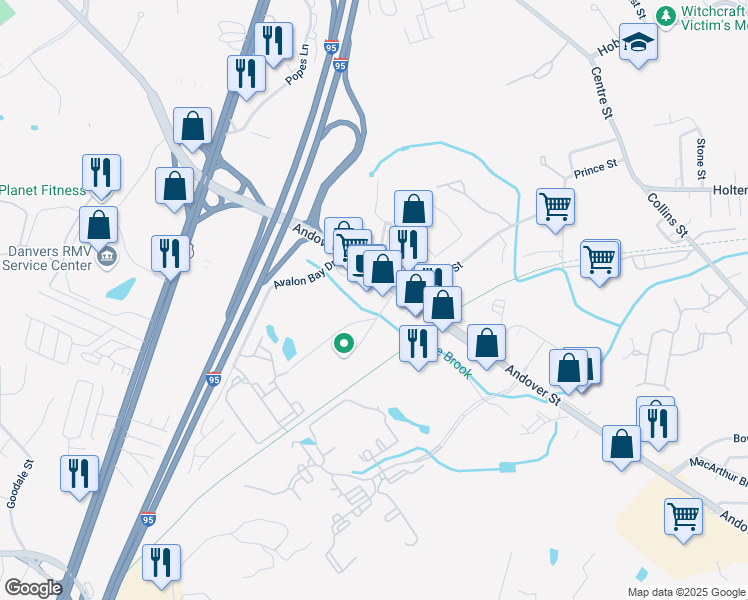 map of restaurants, bars, coffee shops, grocery stores, and more near 156 Andover Street in Danvers