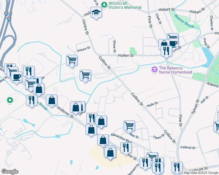 map of restaurants, bars, coffee shops, grocery stores, and more near 134 Village Post Road in Danvers