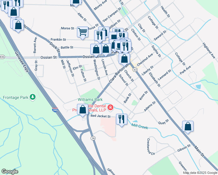 map of restaurants, bars, coffee shops, grocery stores, and more near 42 Lincoln Avenue in Dansville