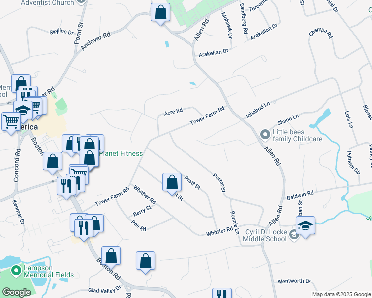 map of restaurants, bars, coffee shops, grocery stores, and more near 8 Porter Street in Billerica