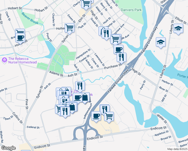 map of restaurants, bars, coffee shops, grocery stores, and more near 58 Purchase Street in Danvers