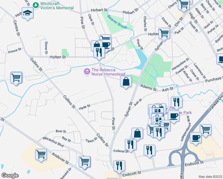 map of restaurants, bars, coffee shops, grocery stores, and more near 172 Pine Street in Danvers