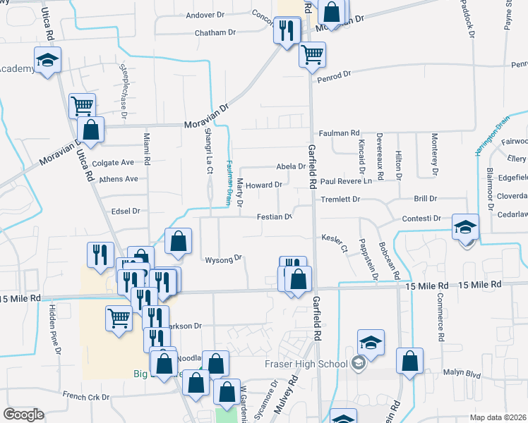 map of restaurants, bars, coffee shops, grocery stores, and more near 16534 Festian Drive in Clinton Township