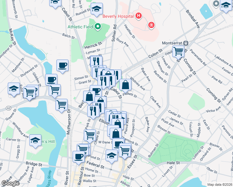 map of restaurants, bars, coffee shops, grocery stores, and more near 372 Cabot Street in Beverly