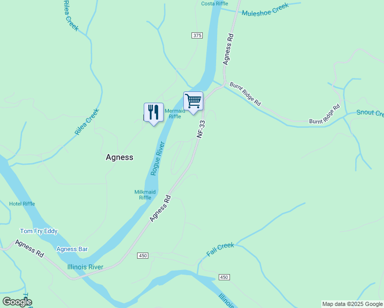 map of restaurants, bars, coffee shops, grocery stores, and more near 4215 Agness Road in Agness