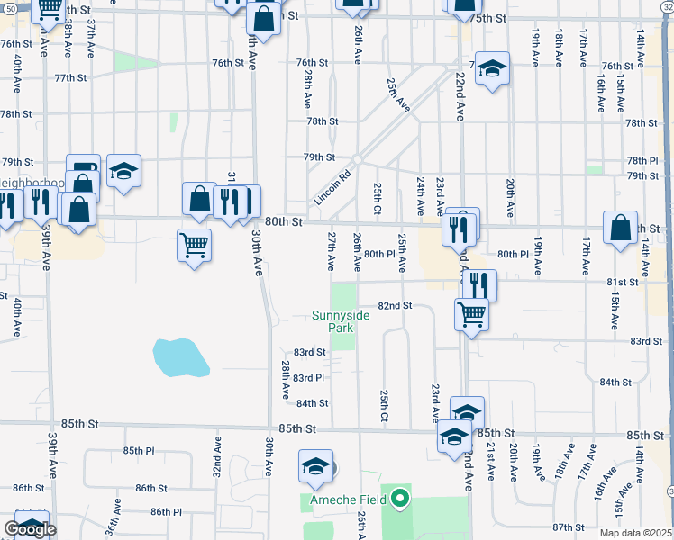 map of restaurants, bars, coffee shops, grocery stores, and more near 8059 27th Avenue in Kenosha