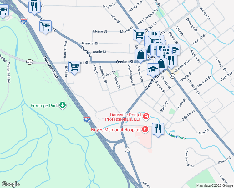 map of restaurants, bars, coffee shops, grocery stores, and more near 49 West Avenue in Dansville