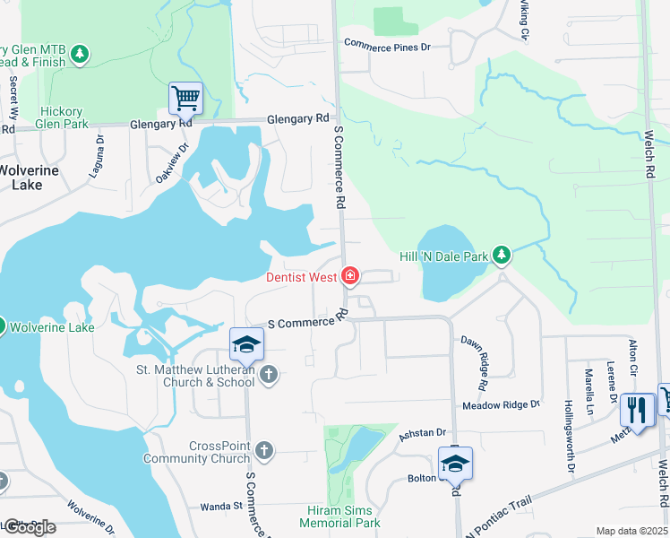 map of restaurants, bars, coffee shops, grocery stores, and more near 2390 Ethel Drive in Commerce Charter Township