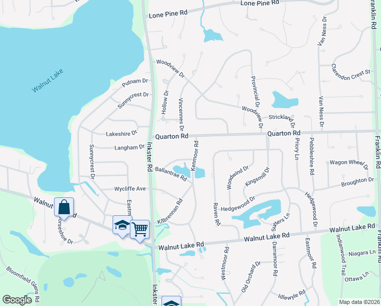 map of restaurants, bars, coffee shops, grocery stores, and more near 5620 Kenmoor Road in Bloomfield Hills