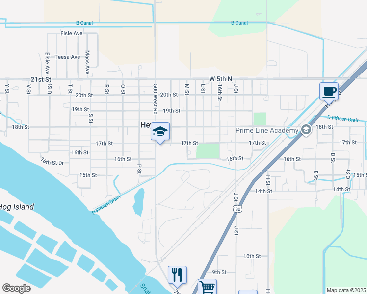map of restaurants, bars, coffee shops, grocery stores, and more near 1633 M Street in Heyburn