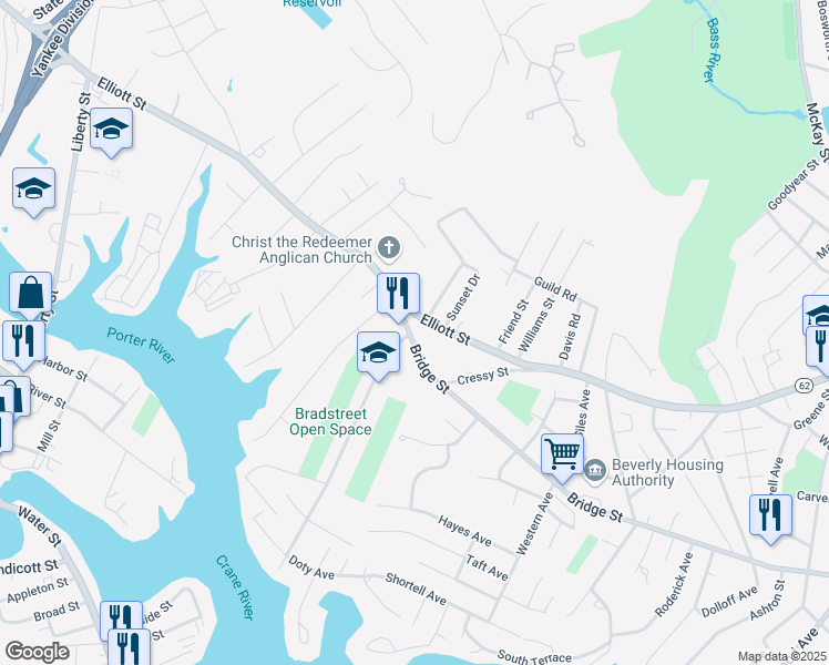map of restaurants, bars, coffee shops, grocery stores, and more near 4 Bradstreet Avenue in Danvers