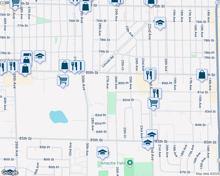 map of restaurants, bars, coffee shops, grocery stores, and more near 2624 81st Street in Kenosha