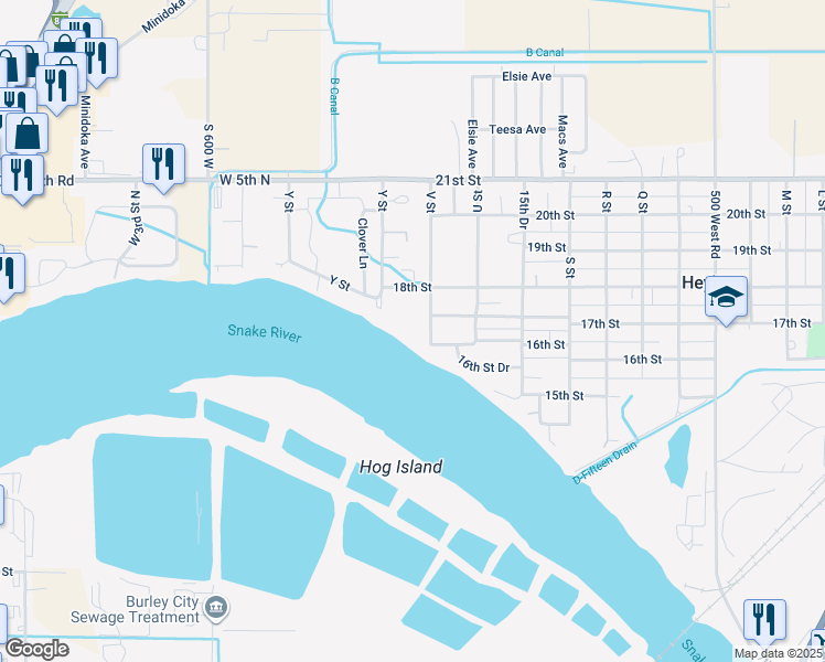 map of restaurants, bars, coffee shops, grocery stores, and more near 1711 V Street in Heyburn