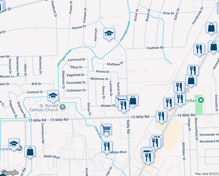 map of restaurants, bars, coffee shops, grocery stores, and more near 35322 Simco Drive in Clinton Township