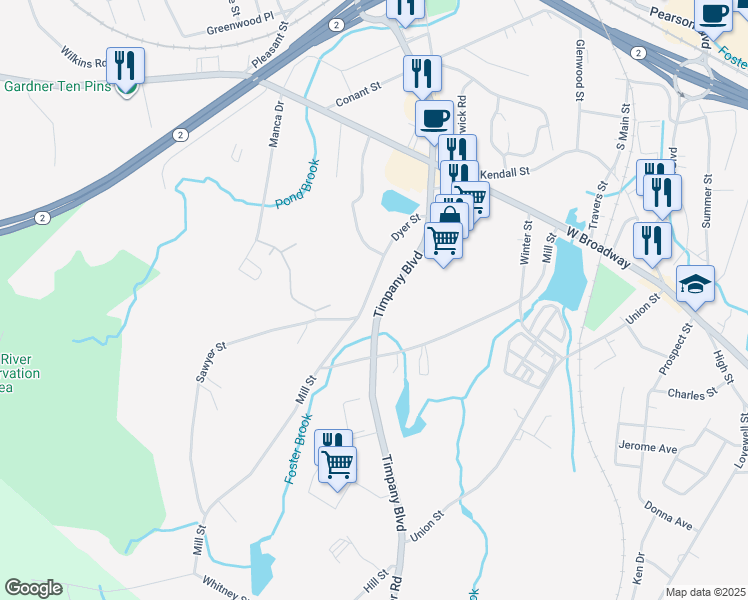 map of restaurants, bars, coffee shops, grocery stores, and more near 158 Dyer Street in Gardner