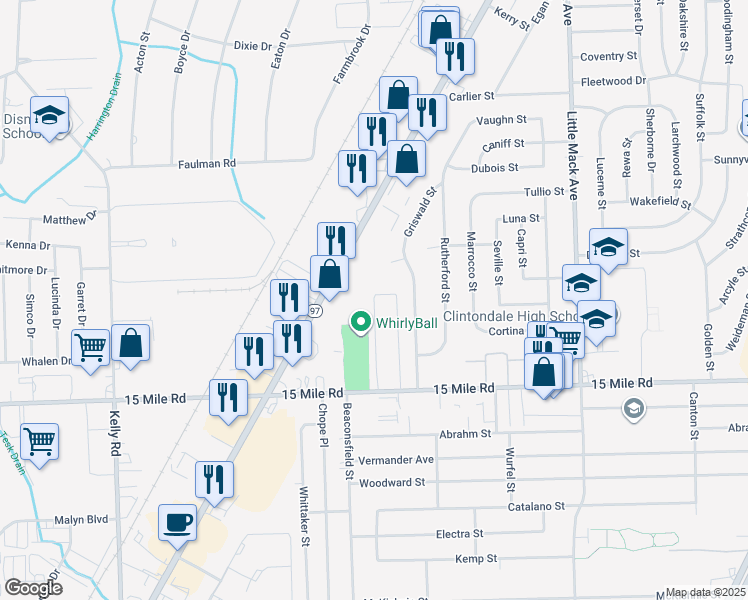 map of restaurants, bars, coffee shops, grocery stores, and more near 35471 Hickory Woods Drive in Clinton Township