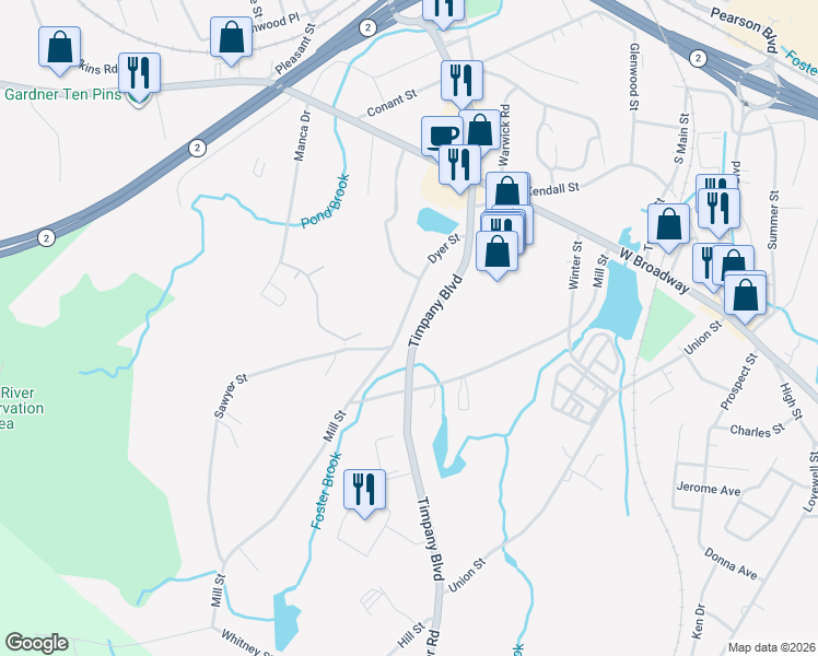 map of restaurants, bars, coffee shops, grocery stores, and more near 158 Dyer Street in Gardner