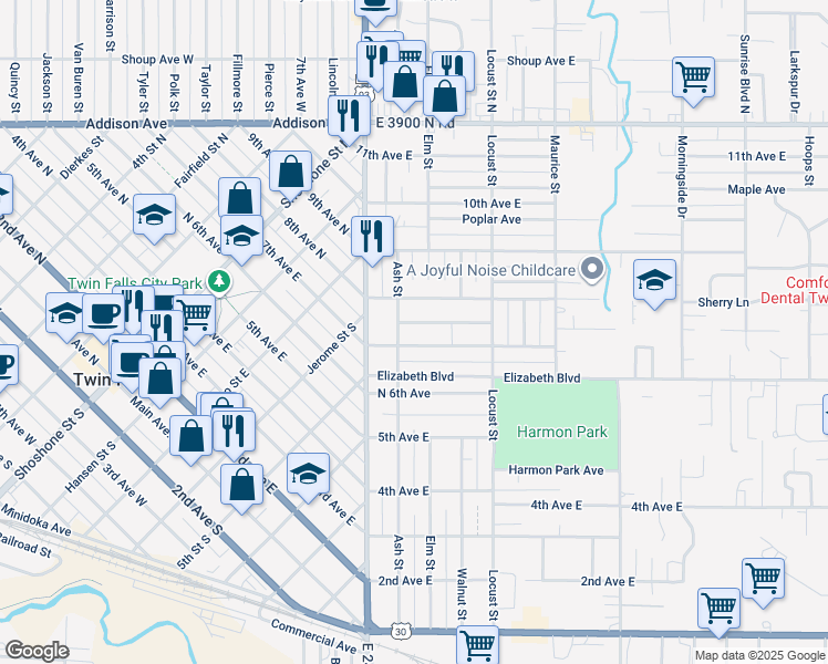 map of restaurants, bars, coffee shops, grocery stores, and more near 1140 7th Avenue East in Twin Falls